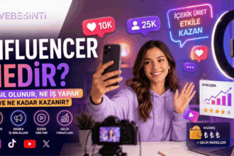 Influencer nedir? Sosyal medya içerik üreticisi, influencer marketing, içerik üretimi, marka iş birlikleri ve gelir modellerini gösteren kapak görseli.