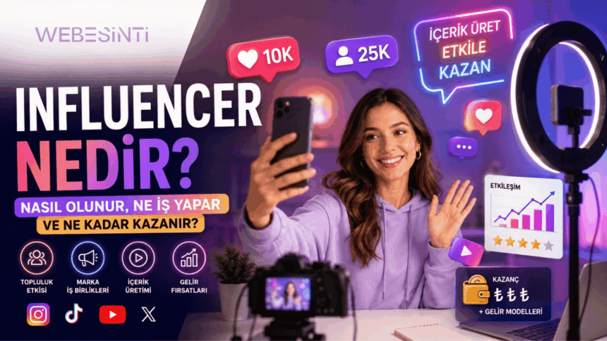 Influencer nedir? Sosyal medya içerik üreticisi, influencer marketing, içerik üretimi, marka iş birlikleri ve gelir modellerini gösteren kapak görseli.