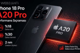 iPhone 18 Pro ve A20 Pro çipinin performans ve verimlilik artışını gösteren görsel