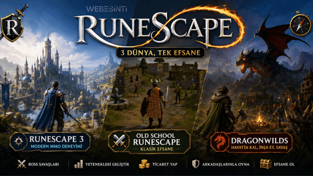 RuneScape 3, Old School RuneScape (OSRS) ve Dragonwilds sürümlerini gösteren tanıtım görseli.