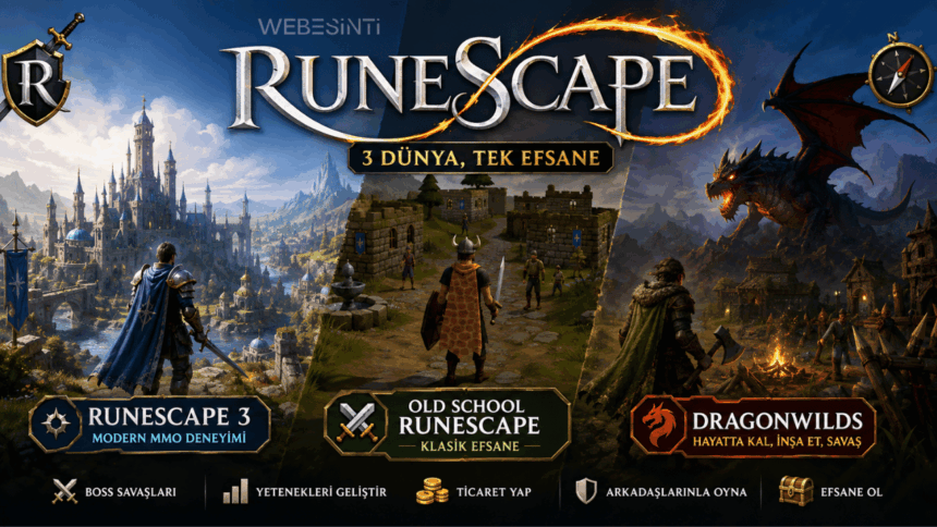 RuneScape 3, Old School RuneScape (OSRS) ve Dragonwilds sürümlerini gösteren tanıtım görseli.