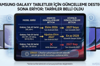 Samsung Galaxy Tab A9, Tab S9 ve Tab S8 tablet modelleri için Android ve güvenlik güncelleme desteğinin sona ereceği tarihleri gösteren bilgilendirici tablo.