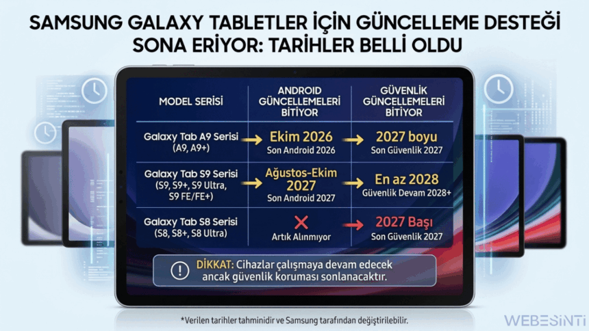 Samsung Galaxy Tab A9, Tab S9 ve Tab S8 tablet modelleri için Android ve güvenlik güncelleme desteğinin sona ereceği tarihleri gösteren bilgilendirici tablo.