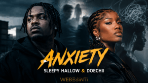 Karanlık ve puslu bir arka plan üzerinde Sleepy Hallow (solda) ve Doechii'nin (sağda) portrelerinin yer aldığı şarkı kapağı. Görselin ortasında sarı fırça darbeleriyle 'Anxiety' yazısı bulunuyor.