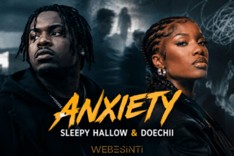 Karanlık ve puslu bir arka plan üzerinde Sleepy Hallow (solda) ve Doechii'nin (sağda) portrelerinin yer aldığı şarkı kapağı. Görselin ortasında sarı fırça darbeleriyle 'Anxiety' yazısı bulunuyor.