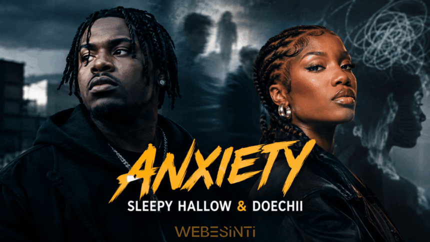 Karanlık ve puslu bir arka plan üzerinde Sleepy Hallow (solda) ve Doechii'nin (sağda) portrelerinin yer aldığı şarkı kapağı. Görselin ortasında sarı fırça darbeleriyle 'Anxiety' yazısı bulunuyor.