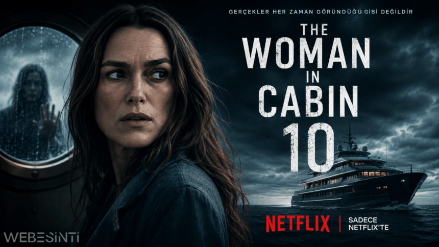 The Woman in Cabin 10 (2025) Netflix filmi için hazırlanan gerilim temalı kapak görseli