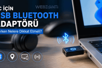 Dizüstü bilgisayara takılı USB Bluetooth adaptörü ve Webesinti satın alma rehberi kapağı.