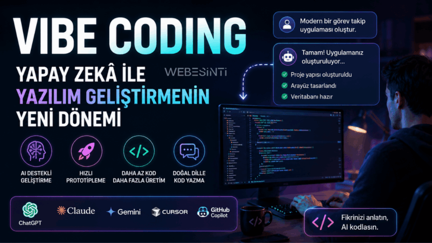 Vibe Coding nedir? Yapay zekâ ile doğal dil kullanarak yazılım geliştirme sürecini anlatan teknoloji görseli.