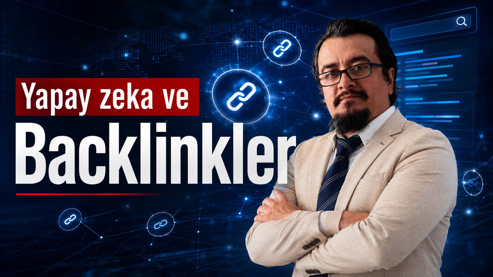 Teknolojik ağ bağlantıları temalı koyu mavi arka plan üzerinde "Yapay zeka ve Backlinkler" tipografisi ve Aykut Özdemir portresi.