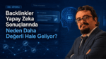 Teknolojik ağ bağlantıları temalı koyu mavi arka plan üzerinde "Yapay zeka ve Backlinkler" tipografisi ve Aykut Özdemir portresi.