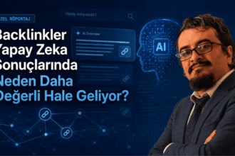 Teknolojik ağ bağlantıları temalı koyu mavi arka plan üzerinde "Yapay zeka ve Backlinkler" tipografisi ve Aykut Özdemir portresi.