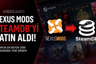 Nexus Mods logosundan SteamDB logosuna doğru kırmızı bir ok ve arka planda Steam oyunlarının yer aldığı, Nexus Mods'un SteamDB'yi satın aldığını duyuran haber afişi