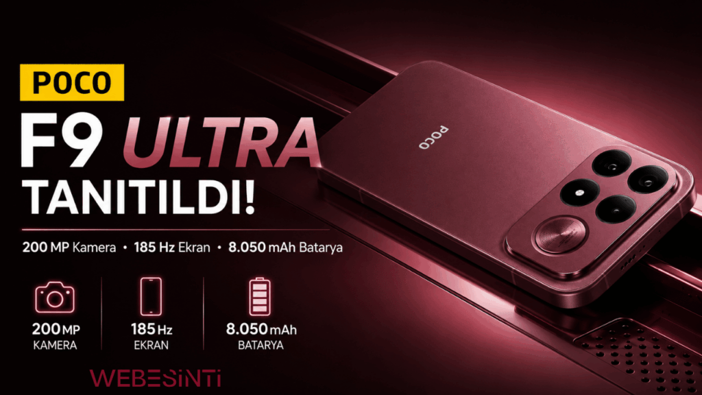 200 MP kamera, 185 Hz ekran ve 8050 mAh batarya özelliklerini gösteren kırmızı renkli POCO F9 Ultra akıllı telefon tanıtım görseli