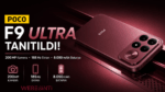 200 MP kamera, 185 Hz ekran ve 8050 mAh batarya özelliklerini gösteren kırmızı renkli POCO F9 Ultra akıllı telefon tanıtım görseli