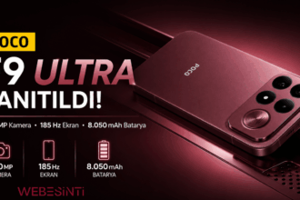 200 MP kamera, 185 Hz ekran ve 8050 mAh batarya özelliklerini gösteren kırmızı renkli POCO F9 Ultra akıllı telefon tanıtım görseli