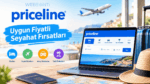 Dizüstü bilgisayar ekranında Priceline seyahat platformunu gösteren; masada pasaport, harita ve hasır şapka bulunan "Uygun Fiyatlı Seyahat Fırsatları" başlıklı tatil planlama konsepti.