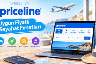 Dizüstü bilgisayar ekranında Priceline seyahat platformunu gösteren; masada pasaport, harita ve hasır şapka bulunan "Uygun Fiyatlı Seyahat Fırsatları" başlıklı tatil planlama konsepti.