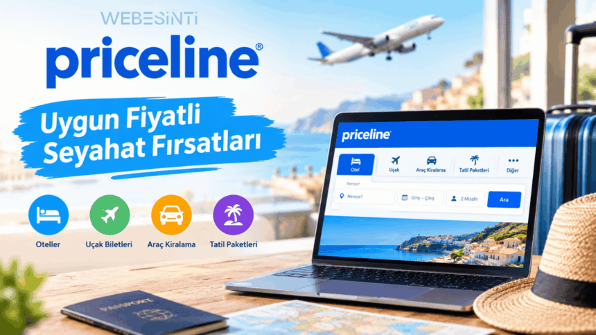 Dizüstü bilgisayar ekranında Priceline seyahat platformunu gösteren; masada pasaport, harita ve hasır şapka bulunan "Uygun Fiyatlı Seyahat Fırsatları" başlıklı tatil planlama konsepti.