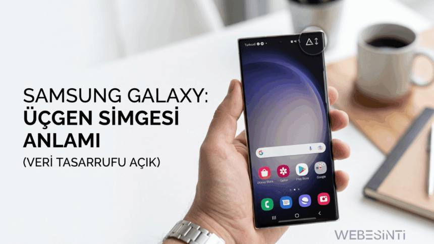 Bir elinde Samsung Galaxy akıllı telefon tutan kişi; ekranın sağ üst köşesinde veri tasarrufunun açık olduğunu gösteren, içinde yukarı ve aşağı oklar bulunan üçgen simgesi daire içine alınarak vurgulanmış. Görselin solunda "SAMSUNG GALAXY: ÜÇGEN SİMGESİ ANLAMI (VERİ TASARRUFU AÇIK)" yazısı bulunuyor.