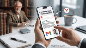 Elinde akıllı telefon tutan bir kişinin ekranında "O amcaya değil, Yandex'e sor!" yazısı ve Yandex arayüzünde yapılan Google araması görülüyor. Arka planda kütüphanede oturan yaşlı bir adam "Amca" olarak işaretlenirken, sağ tarafta bir ofis masası, kahve kupası ve Yandex yazılı bir tükenmez kalem bulunuyor.