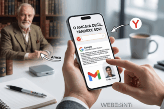 Elinde akıllı telefon tutan bir kişinin ekranında "O amcaya değil, Yandex'e sor!" yazısı ve Yandex arayüzünde yapılan Google araması görülüyor. Arka planda kütüphanede oturan yaşlı bir adam "Amca" olarak işaretlenirken, sağ tarafta bir ofis masası, kahve kupası ve Yandex yazılı bir tükenmez kalem bulunuyor.