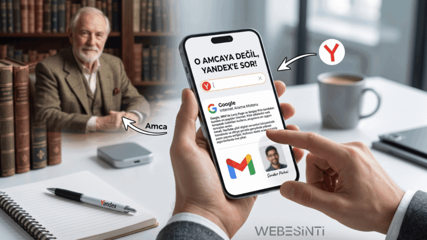 Elinde akıllı telefon tutan bir kişinin ekranında "O amcaya değil, Yandex'e sor!" yazısı ve Yandex arayüzünde yapılan Google araması görülüyor. Arka planda kütüphanede oturan yaşlı bir adam "Amca" olarak işaretlenirken, sağ tarafta bir ofis masası, kahve kupası ve Yandex yazılı bir tükenmez kalem bulunuyor.
