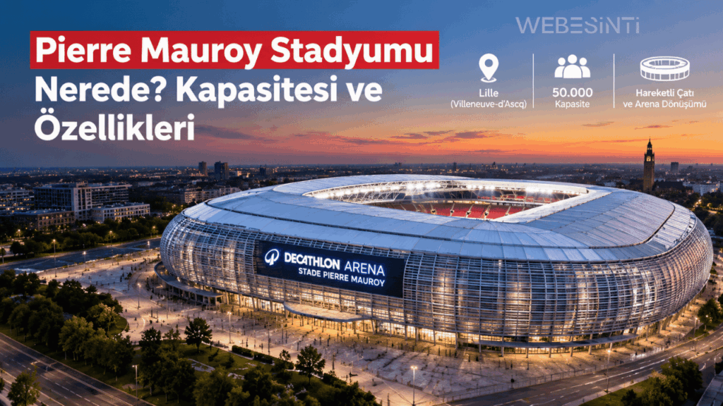 Lille (Villeneuve-d'Ascq) bölgesinde yer alan, 50.000 kapasiteli ve hareketli çatıya sahip Decathlon Arena - Stade Pierre Mauroy stadyumunun gün batımındaki dış görünüşü.