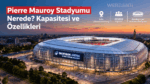 Lille (Villeneuve-d'Ascq) bölgesinde yer alan, 50.000 kapasiteli ve hareketli çatıya sahip Decathlon Arena - Stade Pierre Mauroy stadyumunun gün batımındaki dış görünüşü.